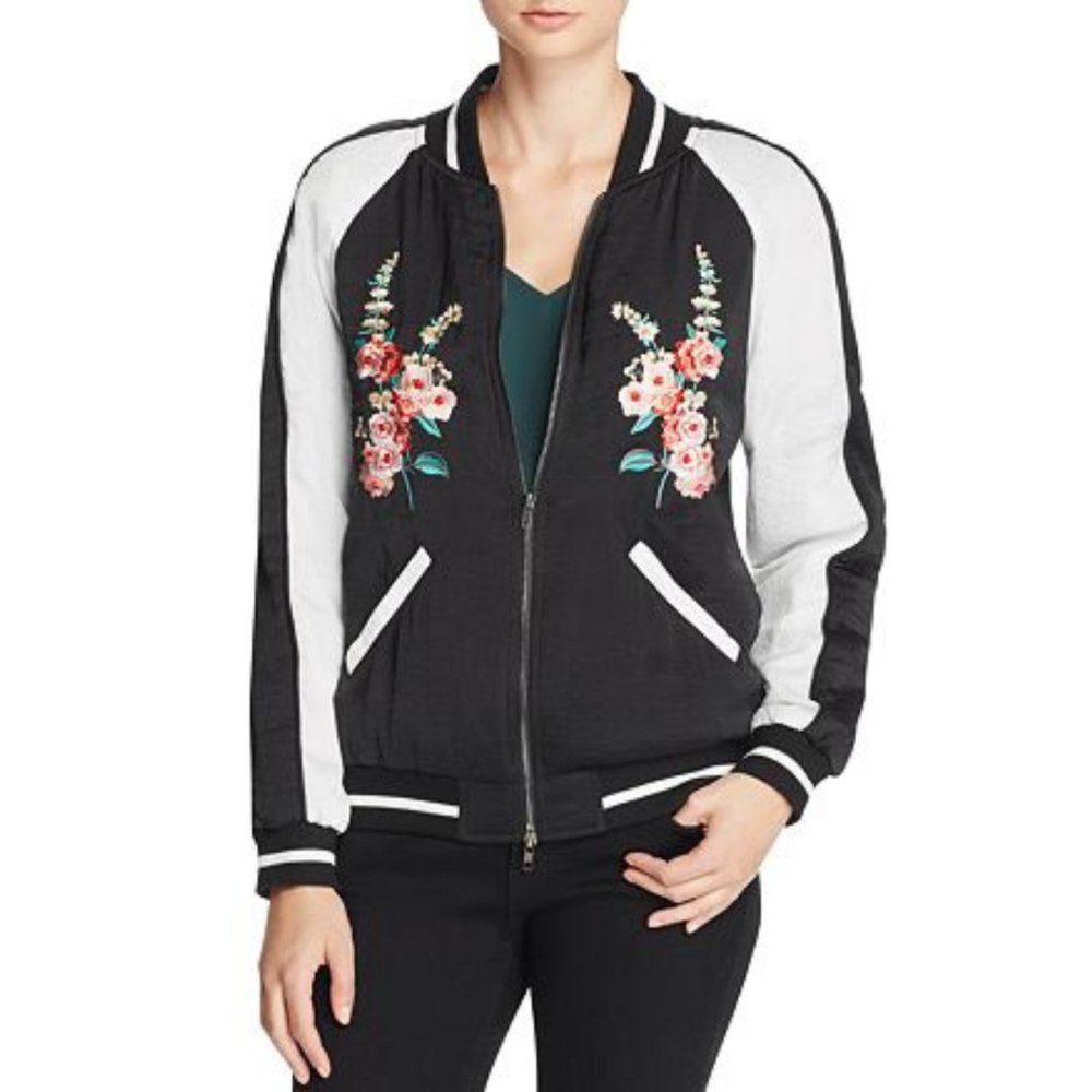 AQUA Floral Embroidered Bomber Jacket Size Small